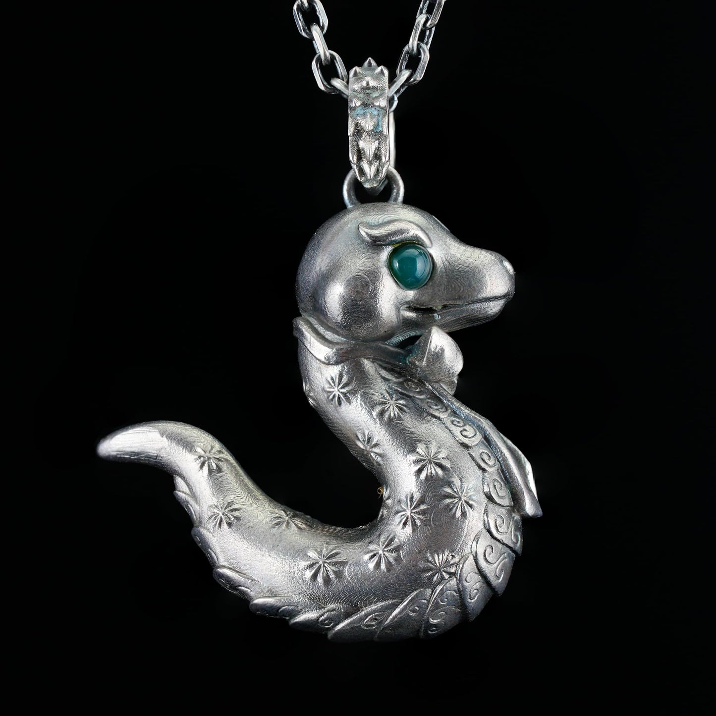 925 Sterling Silver Snake Pendant with Green Chalcedony | Handcrafted Fantasy Totem Amulet | Emotional Guardian Jewelry Gift