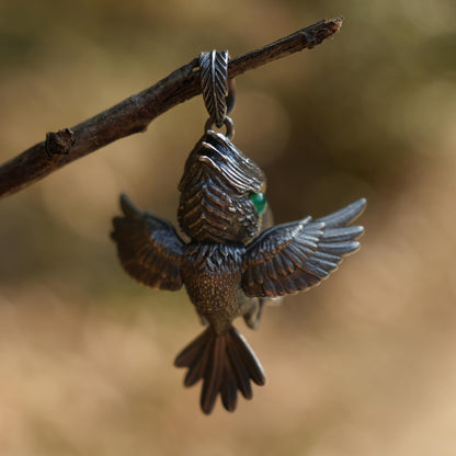 Shoebill Bird Pendant in 925 Sterling Silver with Black Agate & Green Tourmaline | Handmade Nature-Inspired Jewelry for Bird Lovers