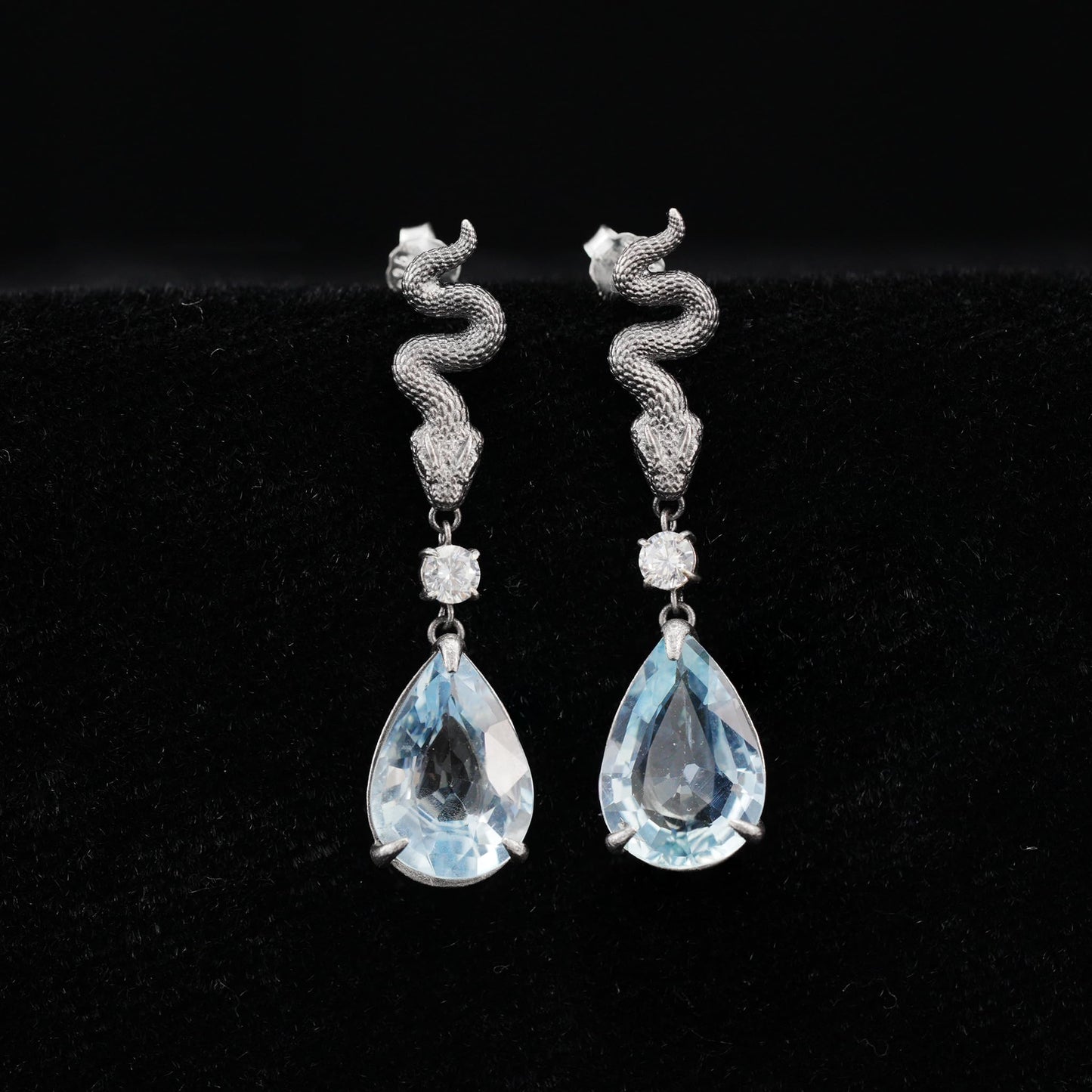 925 Sterling Silver Snake Drop Earrings with Aquamarine | Handcrafted Myth-Inspired Serpent Jewelry for Healing & Protection