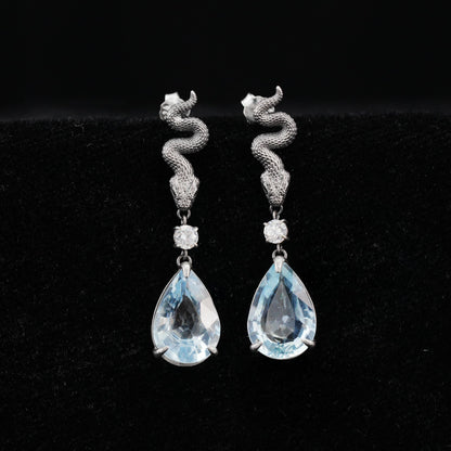 925 Sterling Silver Snake Drop Earrings with Aquamarine | Handcrafted Myth-Inspired Serpent Jewelry for Healing & Protection
