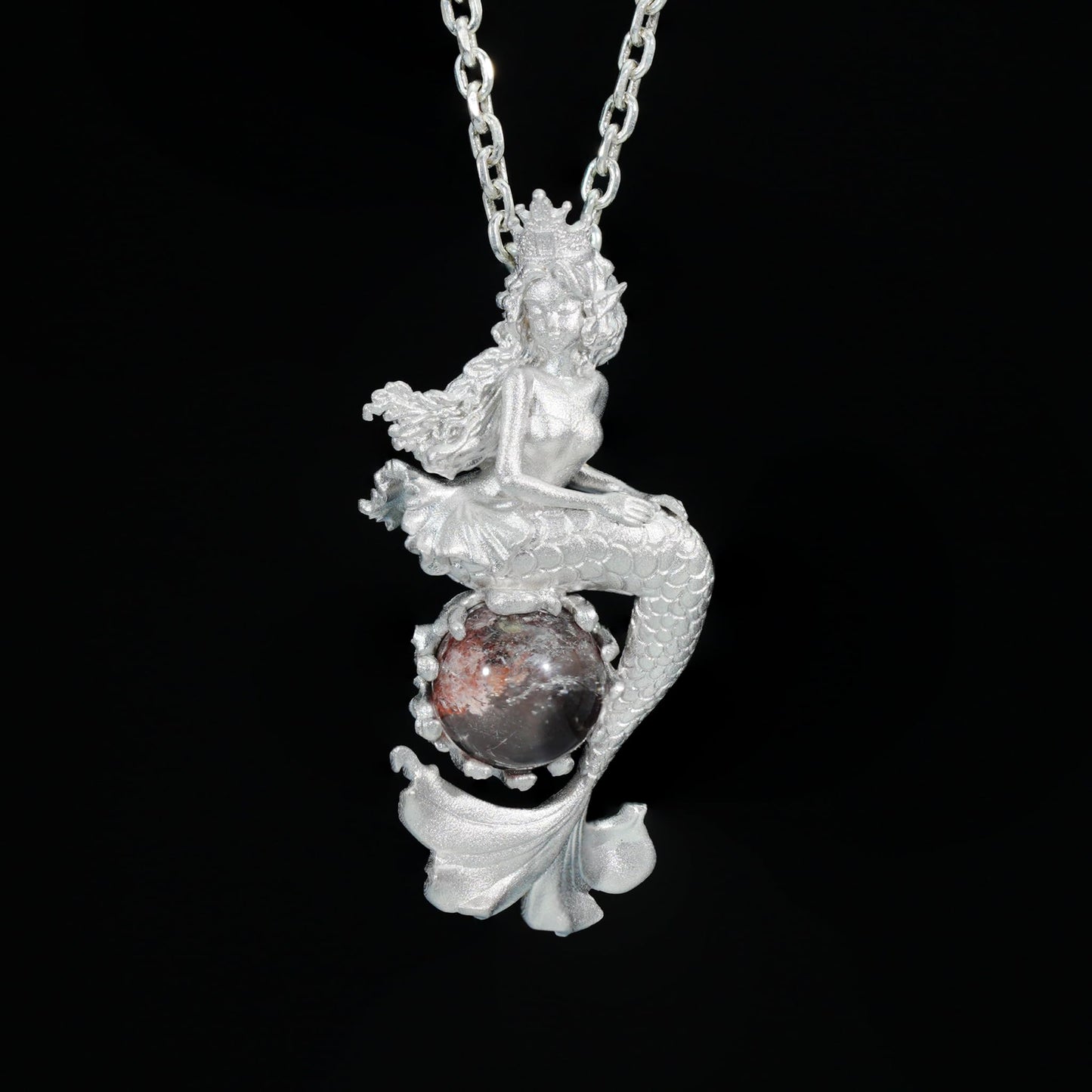 Ocean-Themed Mermaid Necklace | 925 Sterling Silver, Handmade | Crown, Seated Pose | Hand-Engraved Fin | Amulet | Gift for Her