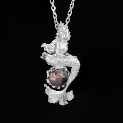 Ocean-Themed Mermaid Necklace | 925 Sterling Silver, Handmade | Crown, Seated Pose | Hand-Engraved Fin | Amulet | Gift for Her