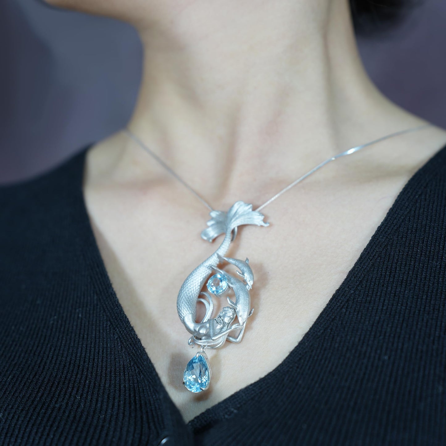 Dreamy Ocean Mermaid Pendant in 925 Sterling Silver with Aquamarine | Handmade Teardrop Necklace for Emotional Healing & Ocean Lovers