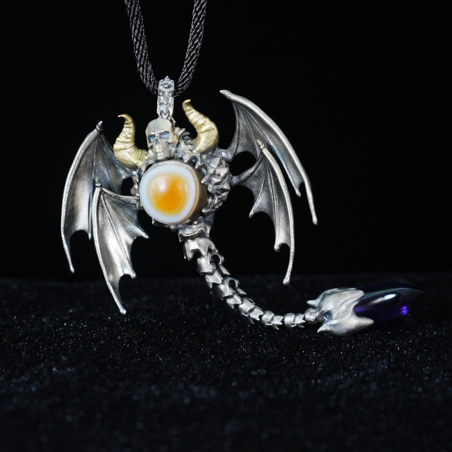 Gothic Totem Pendant | 925 Silver & Brass Necklace with Amethyst Drop and Opal Eye | Handmade Fantasy Jewelry for Him
