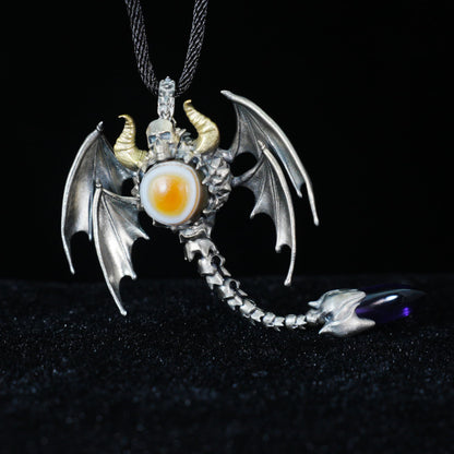 Gothic Totem Pendant | 925 Silver & Brass Necklace with Amethyst Drop and Opal Eye | Handmade Fantasy Jewelry for Him