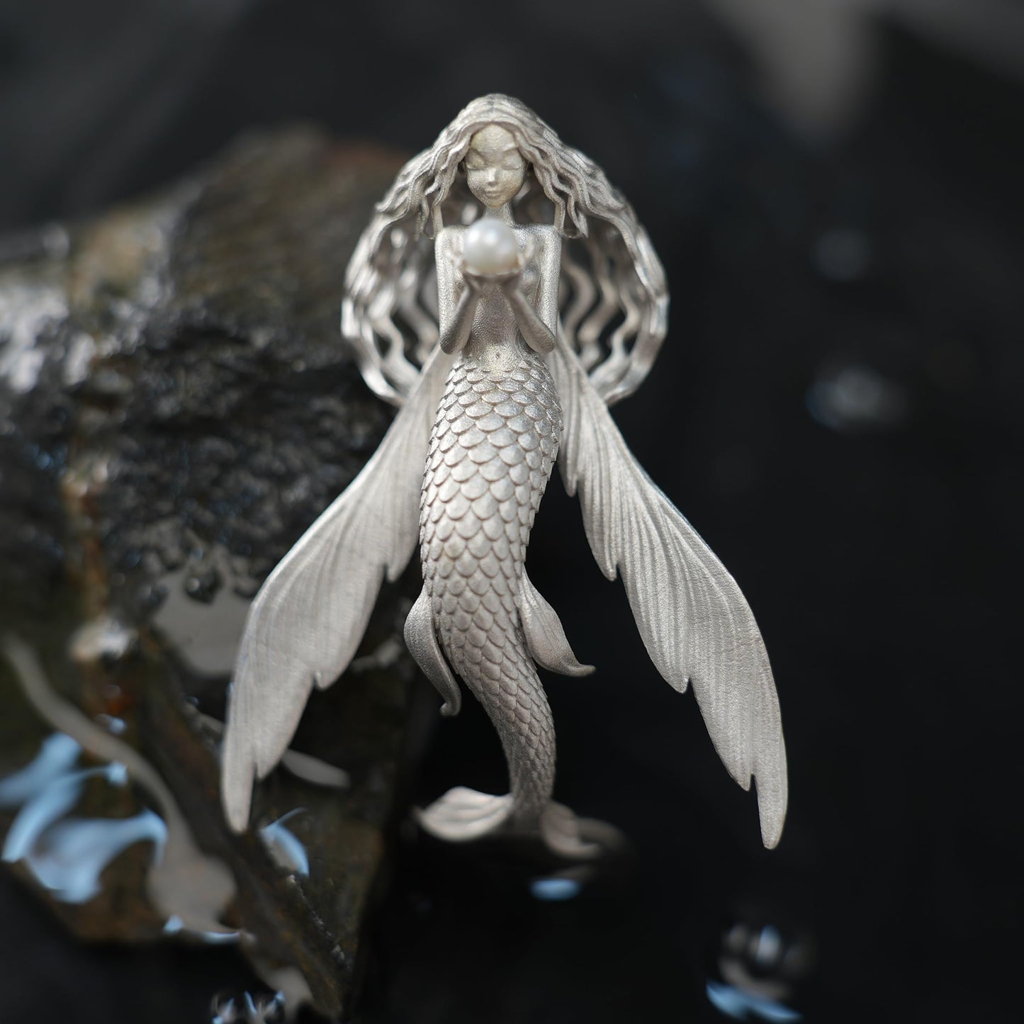 925 Sterling Silver Flying Fish Mermaid Pendant Necklace with Freshwater Pearl | Handcrafted Ocean Fantasy Jewelry | Mythical Sea Spirit Gift for Her