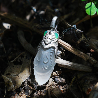 Carved Rock Crystal Pendant with Green Chalcedony | Handmade Gothic Totem Necklace in 925 Sterling Silver | Spiritual Gift for Her