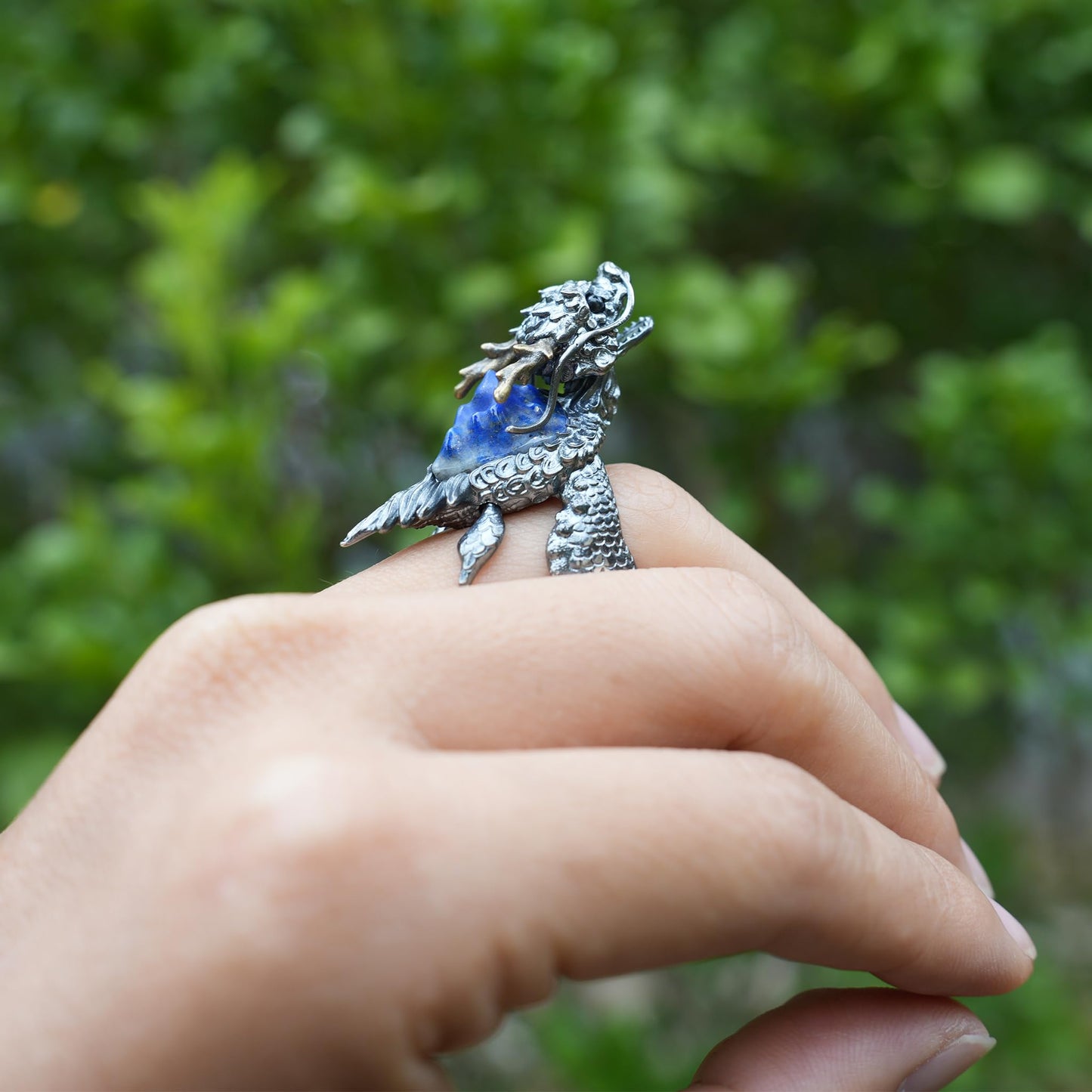 Dragon Turtle Ring with Lapis Lazuli & Onyx | Handcrafted Myth-Inspired Signet Ring for Protection & Inner Strength