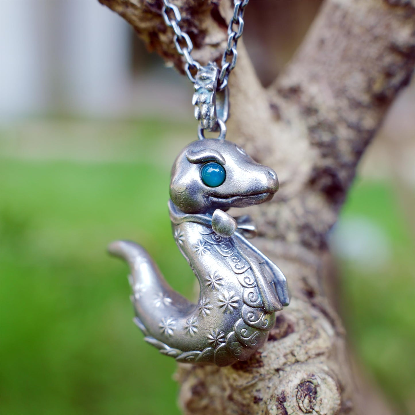 925 Sterling Silver Snake Pendant with Green Chalcedony | Handcrafted Fantasy Totem Amulet | Emotional Guardian Jewelry Gift