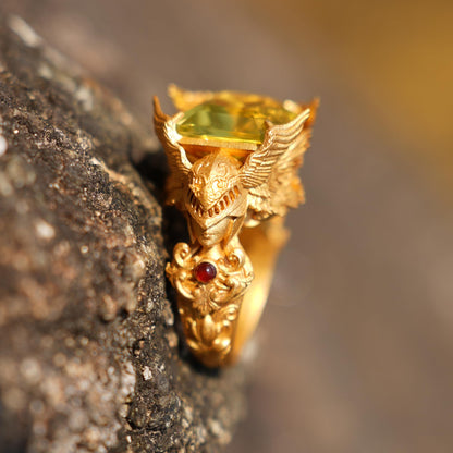 Valkyrie Oath Ring | Handmade Norse Goddess Gold Ring with Citrine & Ruby | Symbol of Courage, Strength & Loyalty | Nordic Myth Jewelry