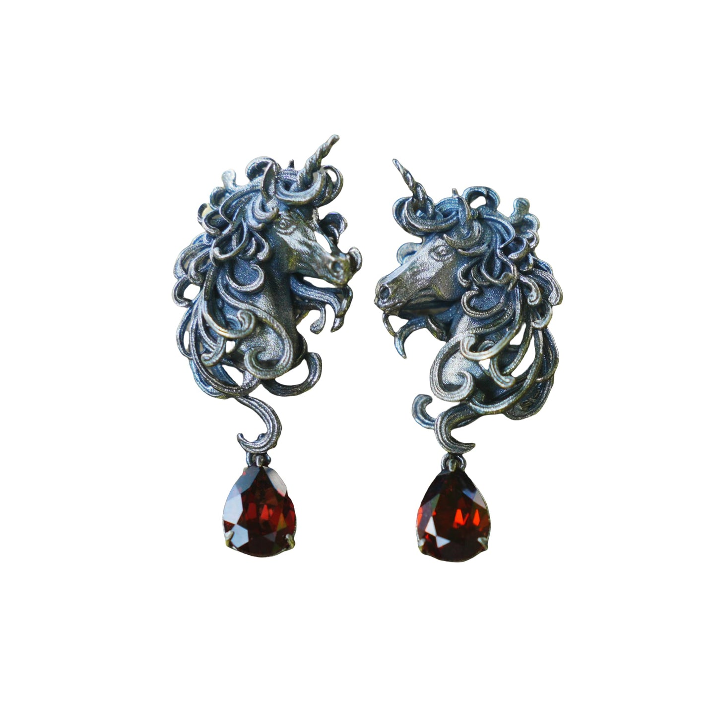 Unicorn Earrings with Garnet Drop | Handcrafted Celtic Fantasy Jewelry | Symbolic Gift of Vow & Protection