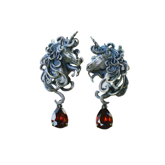 Unicorn Earrings with Garnet Drop | Handcrafted Celtic Fantasy Jewelry | Symbolic Gift of Vow & Protection