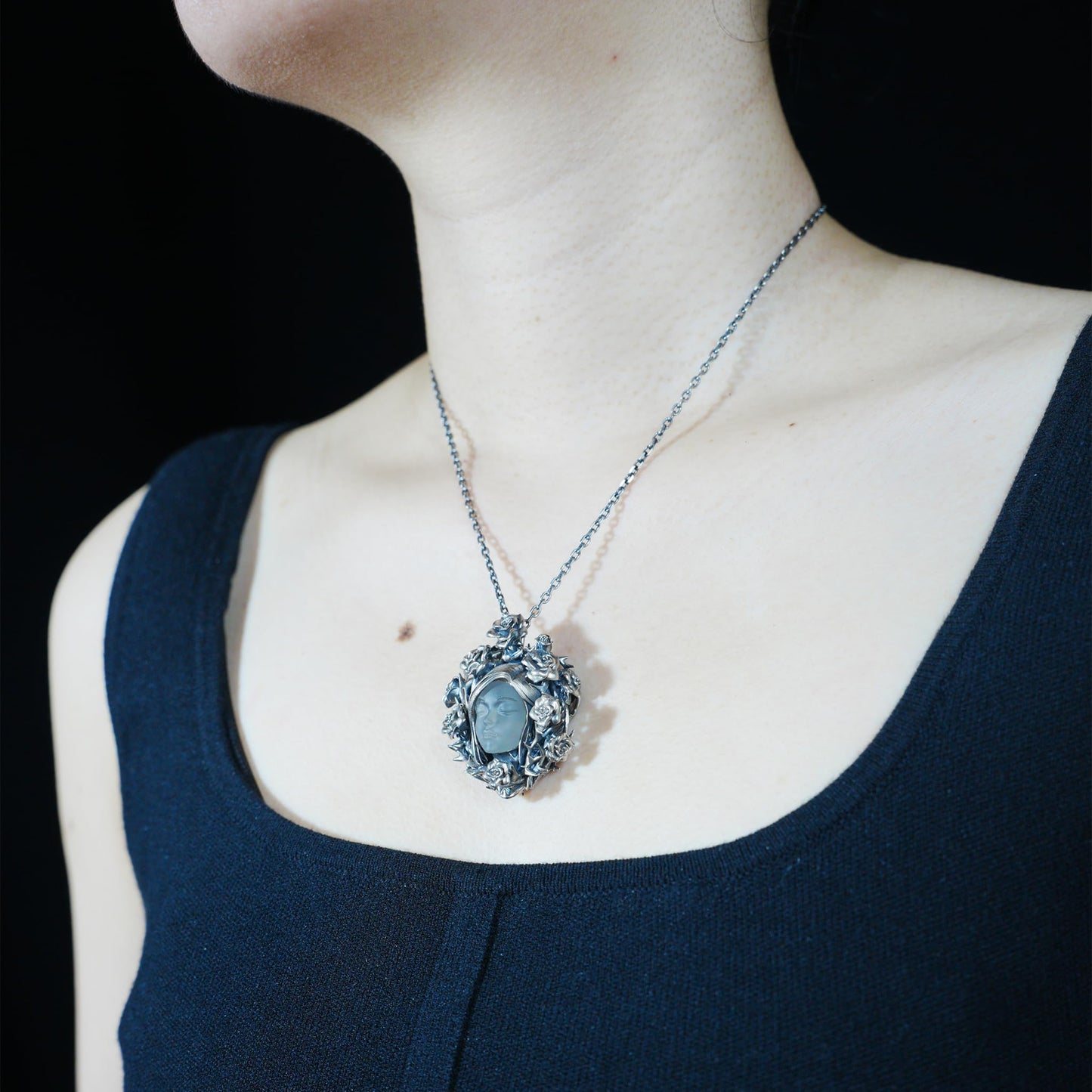 925 Sterling Silver Rose Wreath Pendant with White Crystal | Hand-Carved Cameo Necklace | Victorian Gothic Jewelry Gift