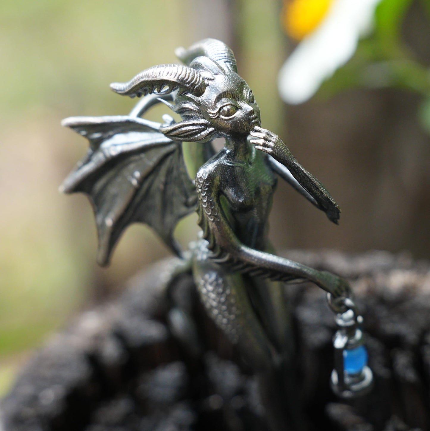 Dragon Girl Pendant | 925 Silver Fantasy Necklace with Green Chalcedony Lantern | Symbol of Courage & Inner Light