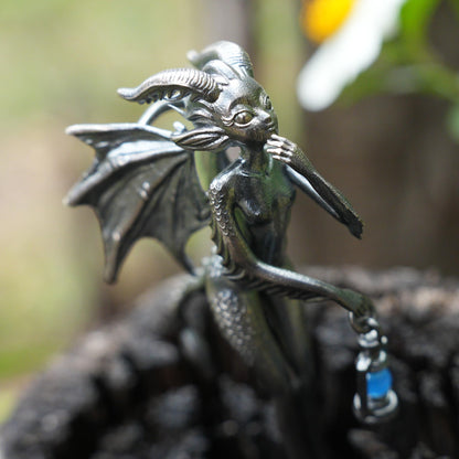 Dragon Girl Pendant | 925 Silver Fantasy Necklace with Green Chalcedony Lantern | Symbol of Courage & Inner Light