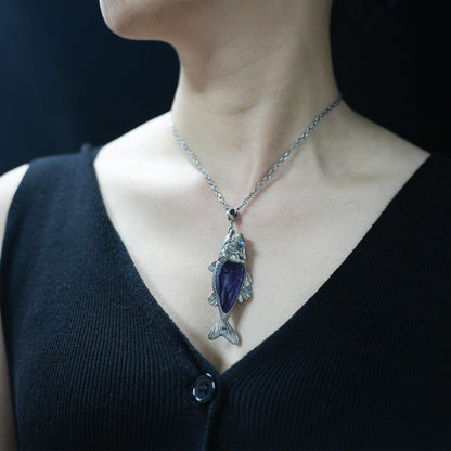 Mystical Fish Pendant with Amethyst & Labradorite – Artistic Talisman Jewelry, Handmade Fantasy Necklace Gift
