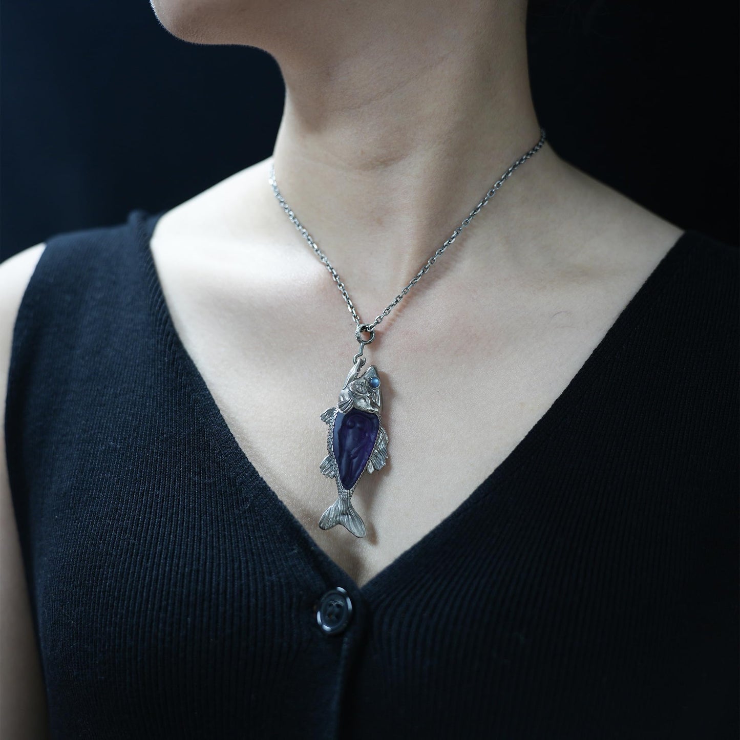 Mystical Fish Pendant with Amethyst & Labradorite – Artistic Talisman Jewelry, Handmade Fantasy Necklace Gift