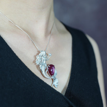 Mermaid Pendant Necklace with Star Ruby & Pearl | Handcrafted Ocean Fantasy Jewelry | Symbol of Love & Protection