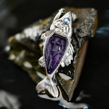 Mystical Fish Pendant with Amethyst & Labradorite – Artistic Talisman Jewelry, Handmade Fantasy Necklace Gift