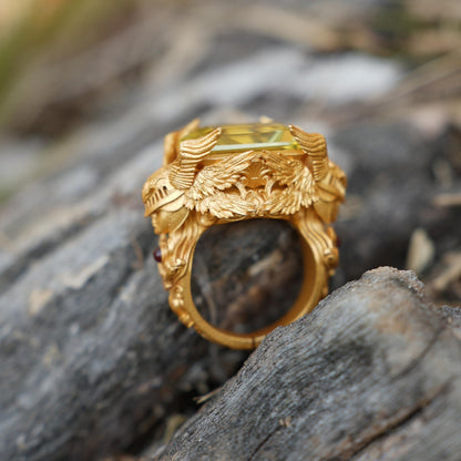 Valkyrie Oath Ring | Handmade Norse Goddess Gold Ring with Citrine & Ruby | Symbol of Courage, Strength & Loyalty | Nordic Myth Jewelry