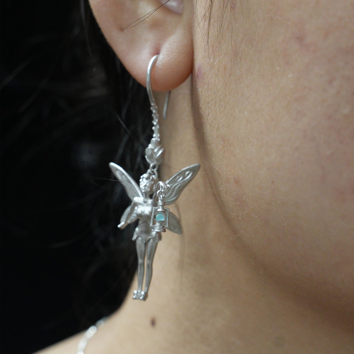 925 Silver Fairy Earrings with Amazonite | Handmade Fantasy Jewelry | Winged Elf Design Gift for Dreamers and Collectors