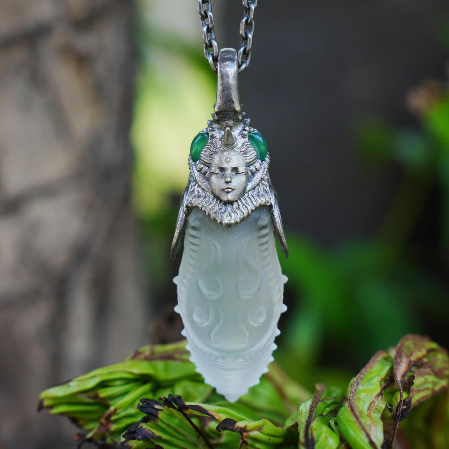 Carved Rock Crystal Pendant with Green Chalcedony | Handmade Gothic Totem Necklace in 925 Sterling Silver | Spiritual Gift for Her