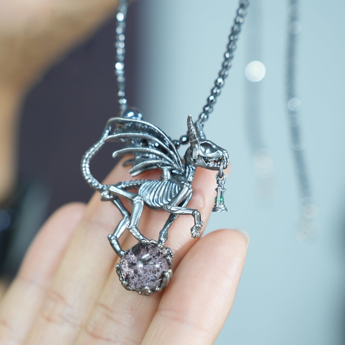 Dark Wings Dragon Pendant | Handmade 925 Silver Gothic Jewelry with Phantom Quartz | Fantasy Amulet for Magic & Mystery Lovers