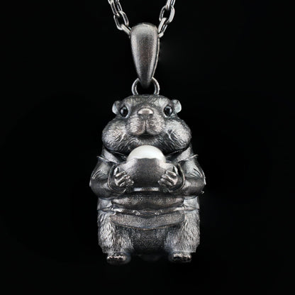 925 Sterling Silver Hamster Pendant with Freshwater Pearl | Handmade Animal Totem Necklace | Whimsical Fairy Tale Jewelry Gift