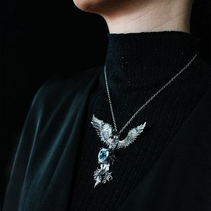 Handmade Phoenix Pendant Brooch | 925 Silver Jewelry with Aquamarine | Symbol of Rebirth & Strength | Gothic Fantasy Gift for Her