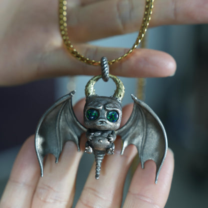 925 Silver Bat Pendant with Opal | Handmade Gothic Necklace | Fantasy Jewelry Gift for Halloween & Dark Art Lovers