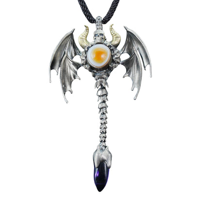 Gothic Totem Pendant | 925 Silver & Brass Necklace with Amethyst Drop and Opal Eye | Handmade Fantasy Jewelry for Him