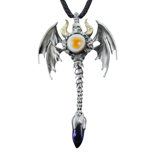 Gothic Totem Pendant | 925 Silver & Brass Necklace with Amethyst Drop and Opal Eye | Handmade Fantasy Jewelry for Him