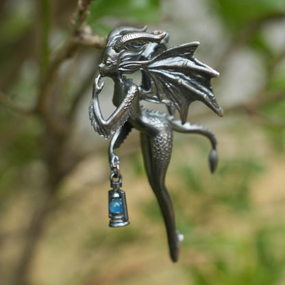 Dragon Girl Pendant | 925 Silver Fantasy Necklace with Green Chalcedony Lantern | Symbol of Courage & Inner Light
