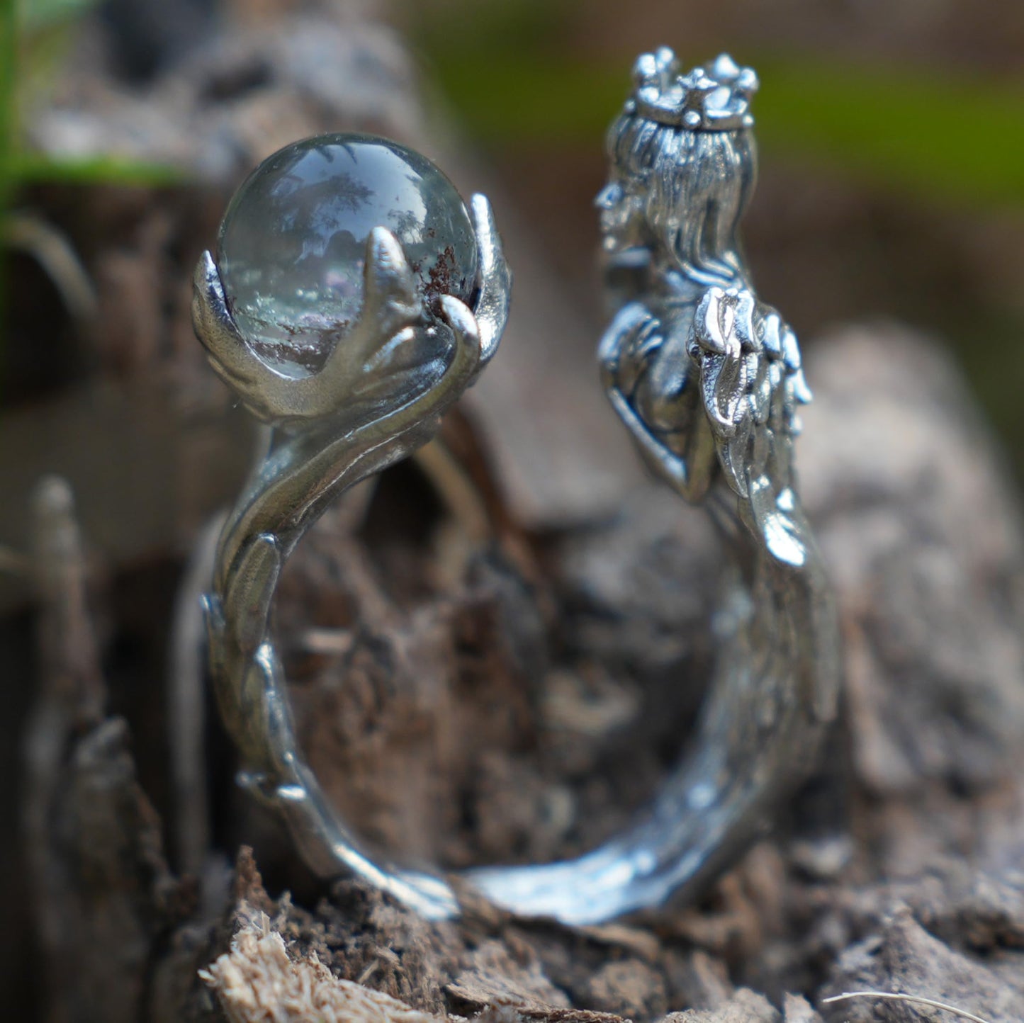 925 Silver Soul Guardian Crown Ring with Phantom Quartz | Handmade Fantasy Jewelry | Symbolic Ring of Protection & Strength