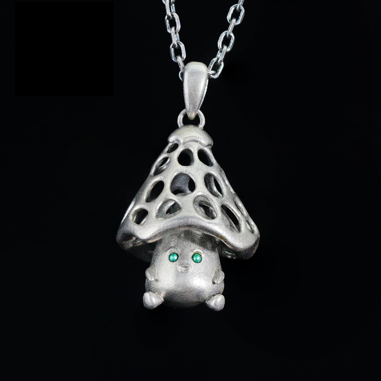 Mushroom Spirit Pendant | Forest Guardian Necklace with Green Zircon Eyes | Fairycore Nature Jewelry Gift for Sensitive Souls