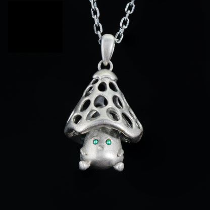 Mushroom Spirit Pendant | Forest Guardian Necklace with Green Zircon Eyes | Fairycore Nature Jewelry Gift for Sensitive Souls
