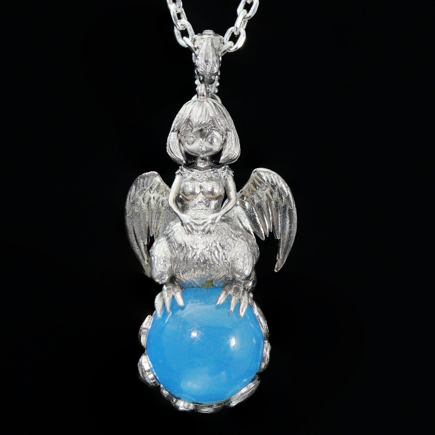 Mystical Harpy Pendant | 925 Sterling Silver Necklace with Aquamarine | Handmade Fantasy Jewelry Gift for Collectors & Myth Lovers