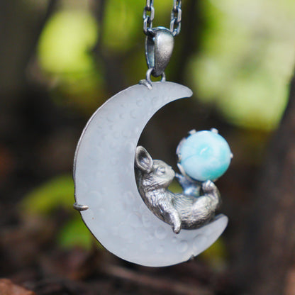 Rabbit Pendant with Larimar & White Quartz Moon | Handcrafted Fantasy Jewelry | Celestial Totem Gift for Serenity