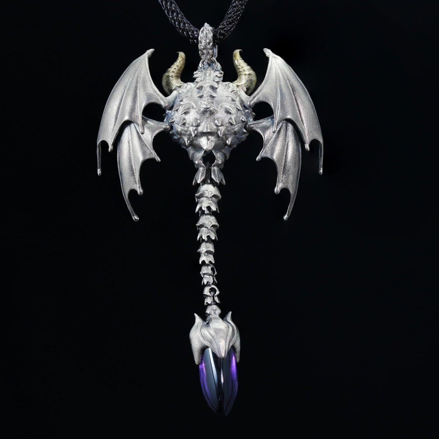 Gothic Totem Pendant | 925 Silver & Brass Necklace with Amethyst Drop and Opal Eye | Handmade Fantasy Jewelry for Him