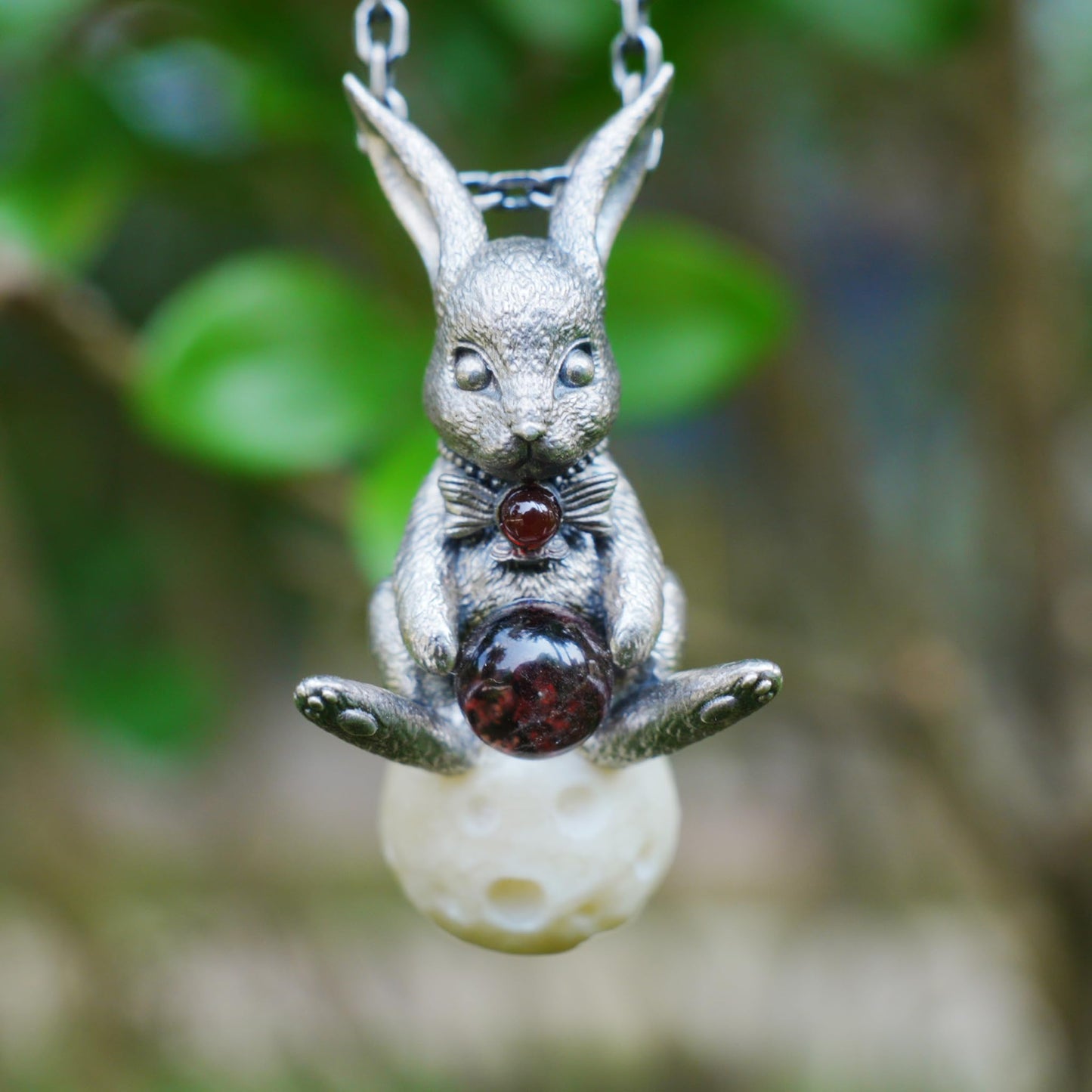 925 Sterling Silver Moon Rabbit Pendant with Red Agate & Phantom Quartz | Handmade Fantasy Necklace | Symbolic Spring Totem Jewelry Gift