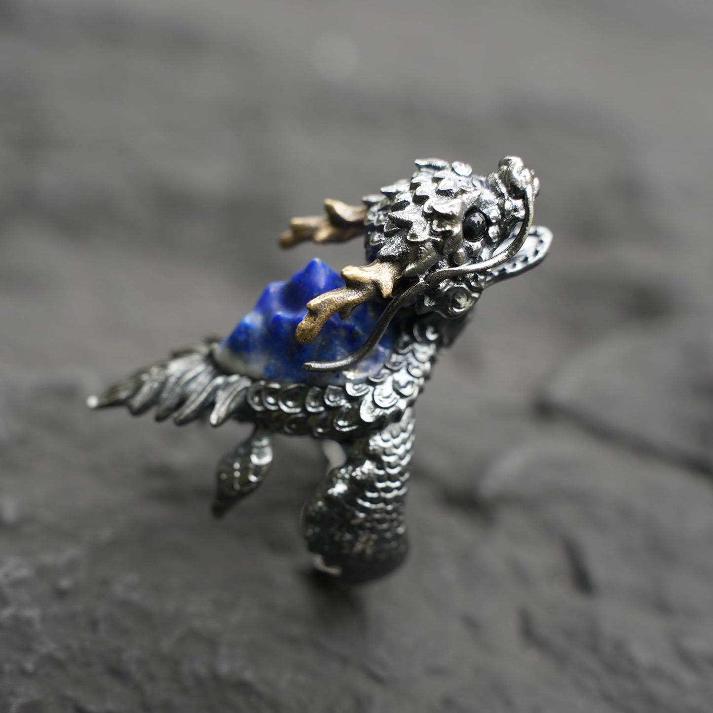 Dragon Turtle Ring with Lapis Lazuli & Onyx | Handcrafted Myth-Inspired Signet Ring for Protection & Inner Strength