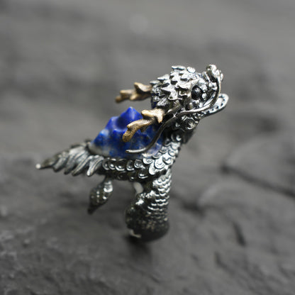 Dragon Turtle Ring with Lapis Lazuli & Onyx | Handcrafted Myth-Inspired Signet Ring for Protection & Inner Strength