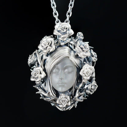 925 Sterling Silver Rose Wreath Pendant with White Crystal | Hand-Carved Cameo Necklace | Victorian Gothic Jewelry Gift