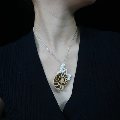 925 Sterling Silver Mermaid Pendant with Fossil Seashell | Handmade Ocean Amulet Necklace | Mythical Siren Jewelry Gift