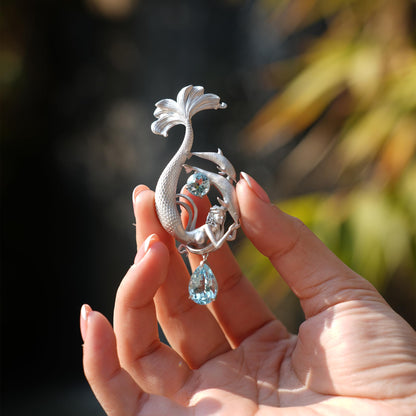 Dreamy Ocean Mermaid Pendant in 925 Sterling Silver with Aquamarine | Handmade Teardrop Necklace for Emotional Healing & Ocean Lovers