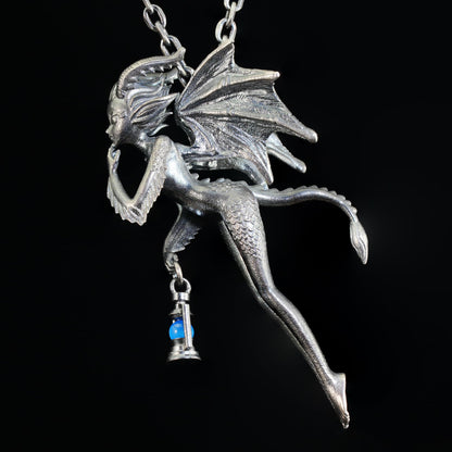 Dragon Girl Pendant | 925 Silver Fantasy Necklace with Green Chalcedony Lantern | Symbol of Courage & Inner Light