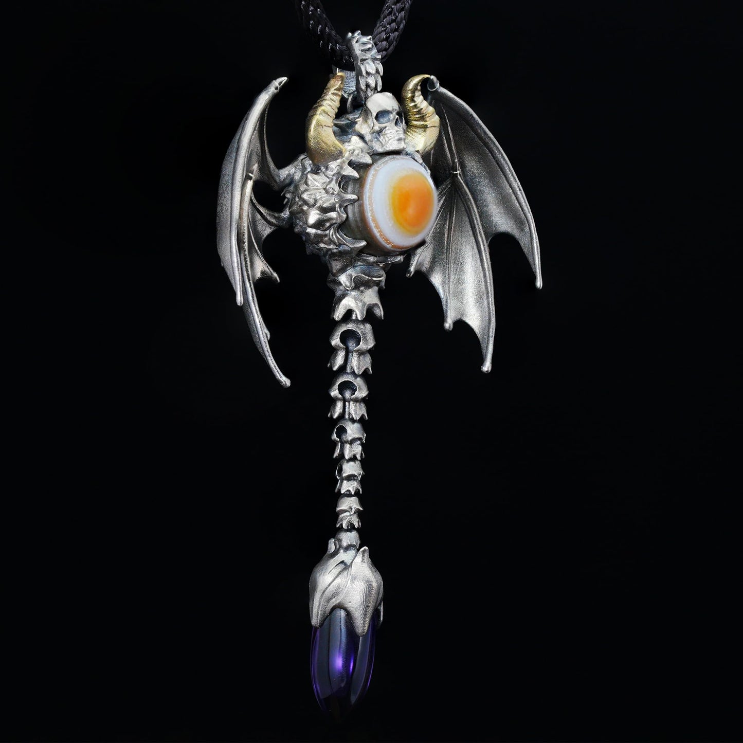 Gothic Totem Pendant | 925 Silver & Brass Necklace with Amethyst Drop and Opal Eye | Handmade Fantasy Jewelry for Him