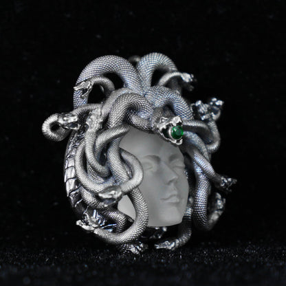 Sleeping Eye Medusa Pendant | 925 Silver Goddess Amulet with Quartz & Emerald | Symbol of Inner Wisdom, Stillness & Spiritual Awakening