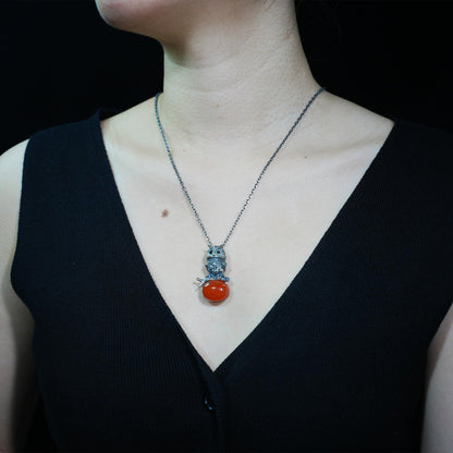 Owl Carnelian Pendant | Handmade 925 Sterling Silver Necklace with Onyx Eyes | Nature-Inspired Jewelry Symbolizing Wisdom & Courage | Artisan Gift