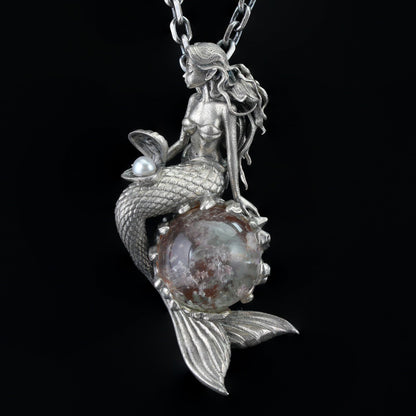 925 Silver Mermaid Pendant with Phantom Quartz & Pearl | Handmade Ocean Fantasy Amulet Necklace | Mythical Sea Spirit Jewelry Gift